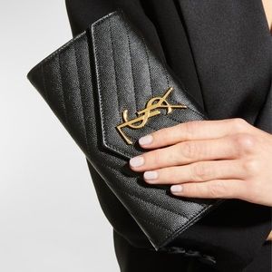 YSL Saint Laurent Large Grain de Poudre Large Leather Flap Wallet